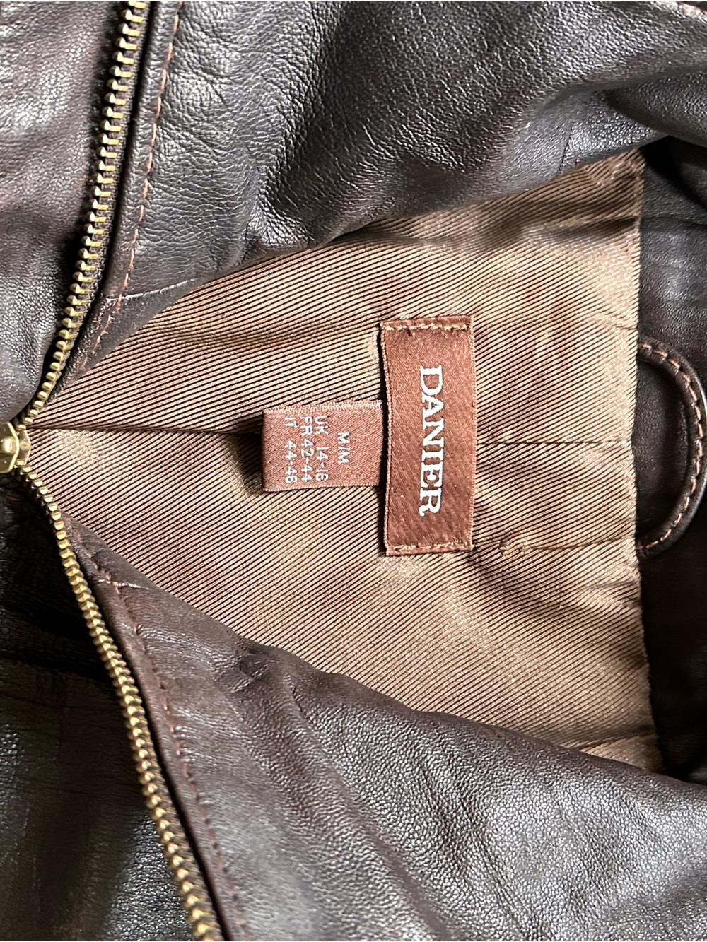 Danier Dark Brown Leather Bomber Jacket with Brass Zipper